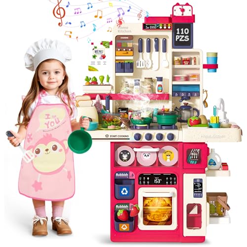 Juguetes, Toy Cocina de Juguete para Niños 110Pzs Juguete Educativo Cocina para Niñas Juego Cocina de Simulación con Luz Sonido Fregadero Agua Corriente, Juego de rol...