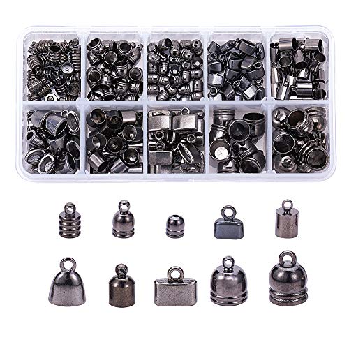 PH PandaHall 10 Size Gunmetal Cord End Cap, 190pcs Brass Tassel Clasp Cap Kumihimo End Cap for Leather Tassels Barrel Jewelry Making