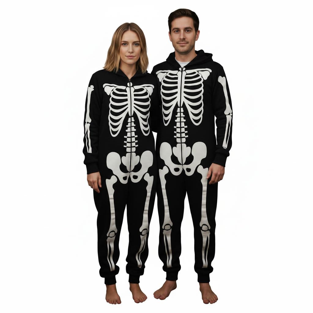 Fashion 7Star Unisex Black Skeleton Onesie For Adults – Scary Bone Print Long Sleeve Zipper Jumpsuit With Hood Cosplay, Ideal For Halloween, Fancy Dress Theme Party
