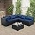 Rattaner Patio Sectional 6 Pieces All-Weather Wicker Patio Furniture Set Outdoor Sectional with Glass Patio Table Non-Slip Cushions and Waterproof Covers, Navy Blue