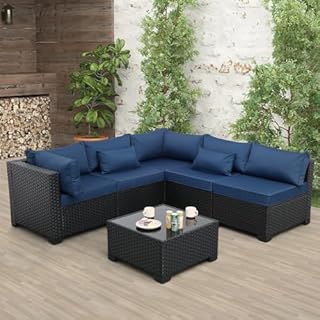 Rattaner Patio Sectional 6 Pieces All-Weather Wicker Patio Furniture Set Outdoor Sectional with Glass Table Non-Slip Cushions and Waterproof Cover, Navy Blue