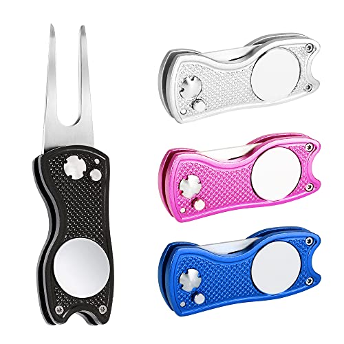 Mile High Life 4 Pieces Golf Divot Repair Tool w Magnetic Golf Ball Marker | All Metal Foldable Divot Tool w Pop-up Button | Golf Club Holder | Golf Accessories for Men (Black,Silver,Blue,Pink)