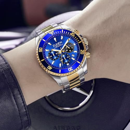 Image of ZUIPAI Moon Phase Watch for Men Chronograph Dial Analog Quartz Wristwatch Luxury Diamond Business Dress Watch with Luminous Waterproof Calendar Stainless Steel Strap
