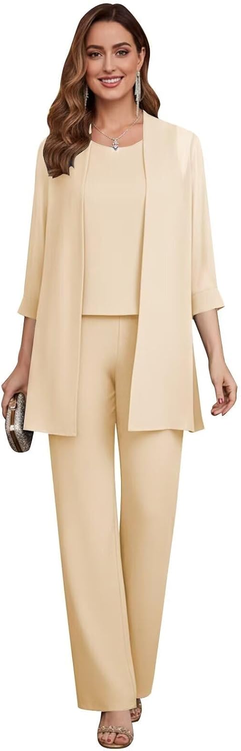 3 Piece Mother of The Bride Pant Suits for Wedding Chiffon Formal Pantsuits