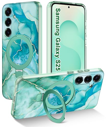 Shecaset for Galaxy S25 Case,[Compatible with MagSafe][Kickstand],Full Body Rugged Slim Fit Shockproof Women Men Girls Shockproof Case for Samsung Galaxy S25,Royal Light Green