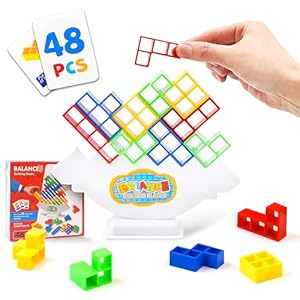 48 PCS Tetra Tower Game (Ages 3 and Up) – Easy Stack Attack Game for Adults & Kids, Balance Stacking Board Games for 2 Players+, Perfect for Kids, Family & Party,
