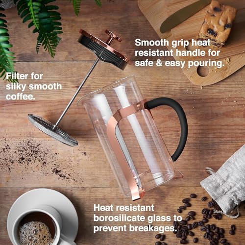 VonShef 8-Cup Cafetiere, 1L French Press, Heat-Resistant Borosilicate Glass & Stainless Steel Copper Design, Filter Coffee Maker - Image 4