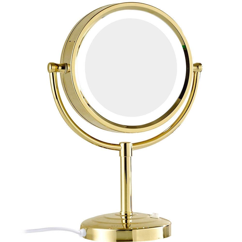 SHAUNI Espejos De Maquillaje De Encimera, Luces LED De Doble Cara De 8.5 Pulgadas Espejo De Aumento Cosmético De Pie Dorado Ajustable De Latón con Enchufe E Interruptor,3X