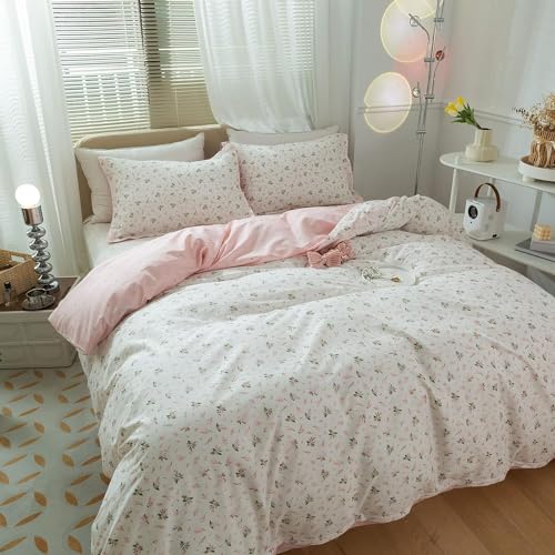 Mixinni MI0527 PINK-FULL Small Floral Print Duvet Cover Full Flower Duvet Cover Set Soft Cotton Pink Reversible White Bedding Comforter Cover Zipper Closure 4 Corner Ties thumb #3