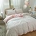 mixinni White Pink Floral Duvet Cover Queen Size Girls Garden Style 100% Cotton Leaves Pink Flower Bedding Duvet Cover Set with Zipper Ties for Teenage Girls-Queen Size