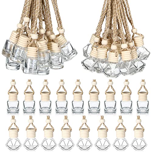 Image of Demissle 50 Pcs Hanging Car Air Freshener Car Diffuser Bottles Empty Glass Perfume Diffuser Bottles Pendant Bulk for Essential Oils Fragrance Aromatherapy Bottle Ornament(Cylindrical and Diamond)