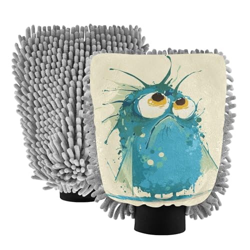 Aesthetic Cute Monster - Guanto in microfibra per lavaggio auto, confezione da 2 guanti per lavaggio auto, antigraffio, spugna per lavaggio e asciugatura