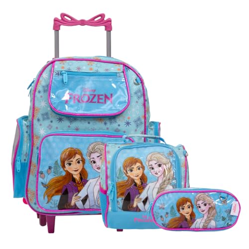 Kit Mochila Escolar Infantil Princesa Do Gelo Com Rodinha - Lancheira + Estojo
