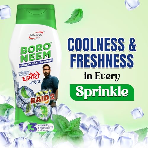 Image of Nimson Boro Neem Cool Talc 100g Pack of 3 | Prickly Heat Relief Powder | Antibacterial & Antifungal Talcum Powder | Soothing Cooling Body Talc for Summer Rash & Sweat Control | Men & Women