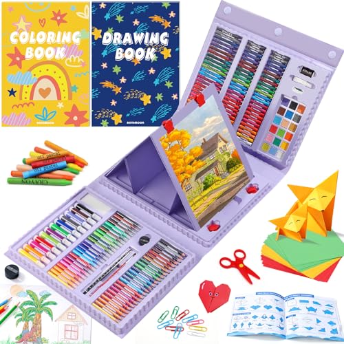 All in One Arts and Crafts for Kids, Art Kit for Drawing Coloring Paper Cutting and Origami, Valentines Day Gifts for Kids Girls Boys Teens Beginners, Art Supplies for Kids Ages 4-12, Purple