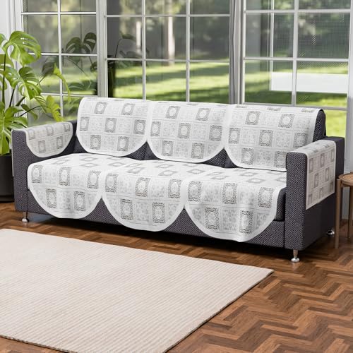 Image of Kuber Industries (Set of 16) Stylish & Durable Cotton Sofa Covers 5 Seater with Arms | Washable Sofa Protector & Slipcover for Living Room & Office | Square Flower - White