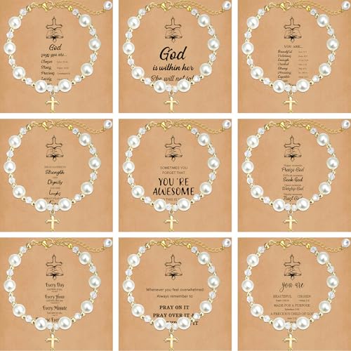 COLOYAN 9 PCS Cross Pearl Rosary Bracelet for Women, Cross Charm Pearl Crystal Beads Bracelet, Adjustable Handmade Rosary Faith Bracelet Jewelry