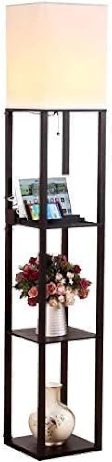 Maxwell Charger - Modern Shelf Floor Lamp with USB Charging Ports & Electric Outlet - Corner Display Floor Lamps with Shelves for Living Room, Bedroom and Office - Havana Brown