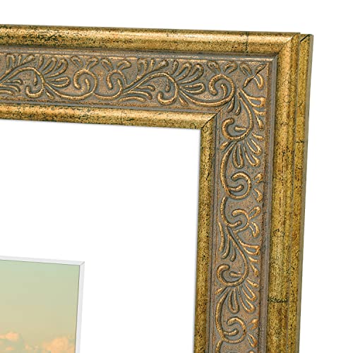 Image of Golden State Art, 12x16 Ornate Finish Photo Frame with White Mat for 8x12 Picture & Real Glass. Color: Distressed Gold