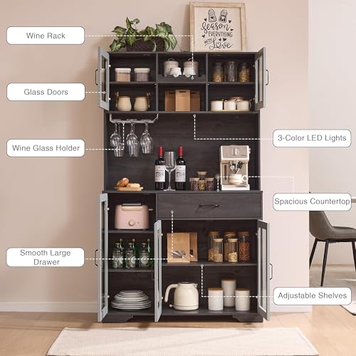 Image of Fatmok 71 inch Pantry Cabinet with Wine Rack and Charging Station, Set of 2 Tall Coffee Bar Cabinets with LED Lights, Drawer, Adjustable Shelves, Kitchen Hutch Storage, Grey
