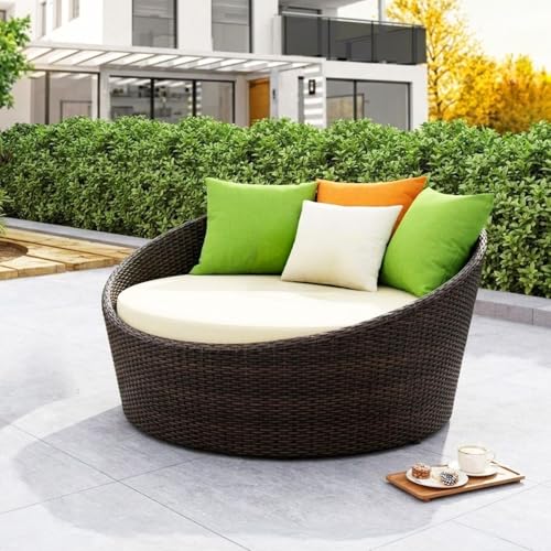 Image of DEVOKO Outdoor Pool Side, Garden, Balcony, Porch, Backyard, Terrace, Patio, Beach Round Sofa Wicker and Rattan Daybed Furniture Set (Darkbrown and Cream)