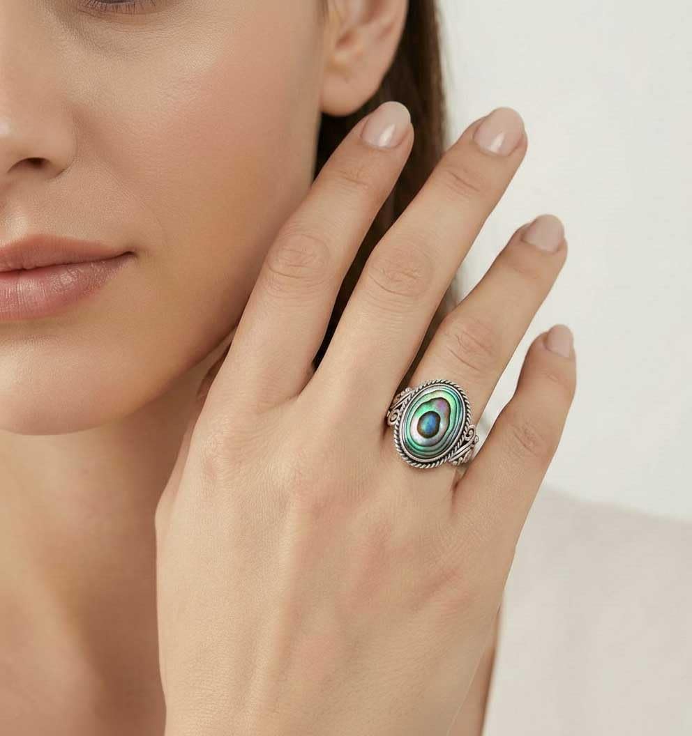 JEWELOPORIUM Boho Handmade Jewelry Chunky Natural Gemstone Labradorite, Crystal, Moonstone, Turquoise Oval 925 Sterling Silver Plated Ring For Women