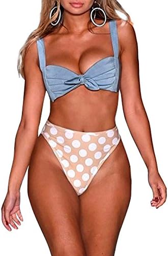 Mitang Women's 2 Pieces Vintage Pleated Tie Knot Front High Waist Thong Bikini Sets Swimsuit Blue