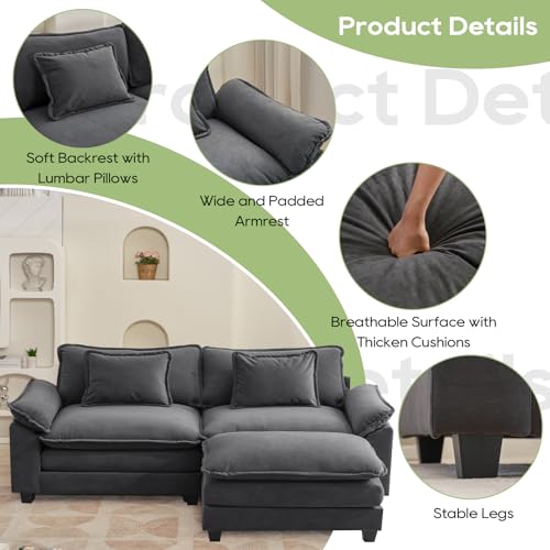 Image of Oprisen 86 inch Modular Sectional Sofa, Comfy Cloud Couch Sectional Sofa with Ottoman, Velvet Sofa Sleeper Deep Seat Sofa with Throw Pillows for Living Room (Blue Gray, 86 inch- L Shape)