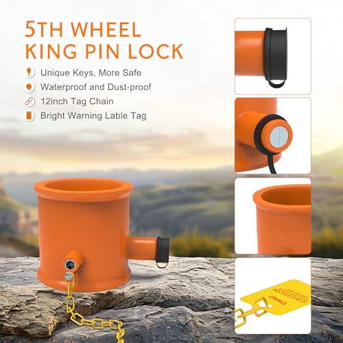 Image of 5th Wheel King Pin Lock, Heavy Duty Steel Trailer Pin Lock for RVs, Semi Trailers and Trucks, with Anti-Theft Waring Tag, Orange