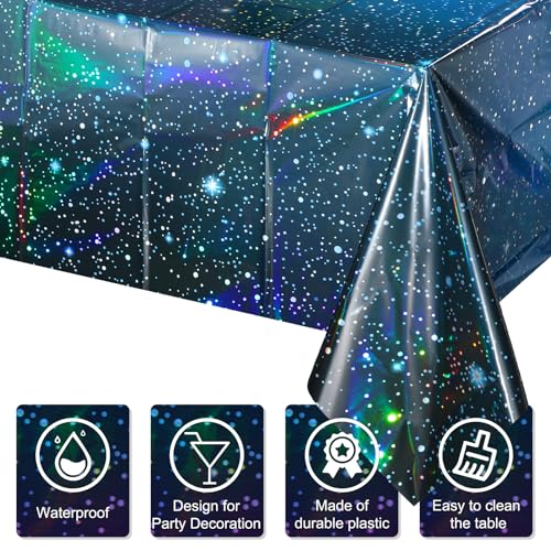 Image of 3Pcs Iridescent Space Tablecloths, Disposable Plastic Blue Galaxy Table Cloth Rectangle Table Covers for Space Starry Night Star Theme Party Birthday Party Decorations, 54x108 Inch