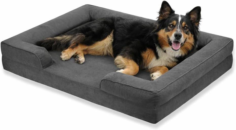Gray Corduroy Orthopedic Dog Bed with Bolster – Memory Foam, Washable Removable Cover, Non-Slip Bottom (Medium)