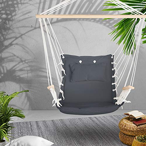 Gardeon Hammock, Cotton Chair Portable Camping Swing Hanging Chairs Hammocks Patio Backyard Porch Outdoor Indoor Furniture, with Stand Solid Timber Armrest