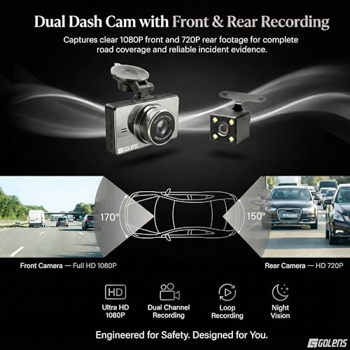 Image of Golens Anytek A10 Dual Dash Cam for Car | 1080P Front & 720P Rear Camera | Night Vision | 150 Wide Angle | WiFi App Control | Motion Detection | Loop Recording | 24H Parking Monitor
