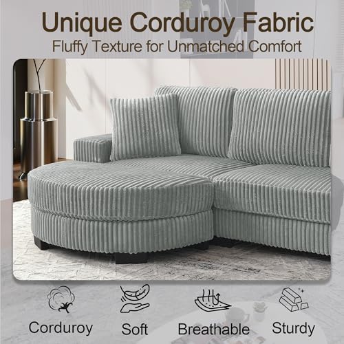 DUlVBPE L-förmiges Ecksofa – 4-Sitzer Sofa, 256.5 x 133.5 x 89 cm, Klassisches Corduroy, Modulares Design mit Ovalem Hocker, 2 Kissen Inklusive, Ideal für Wohnzimmer, Apartments & Büros, Gray – Bild 8