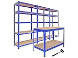 Yavolo Heavy Duty Garage Storage System 3 T-Rax Steel Shelving Units 5 Tier Racking with 120cm Q-Rax Workbench Workshop Shed Warehouse Organisation DIY Storage Solution Mallet Bundle