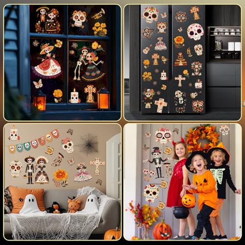 Image of Halloween Window Clings for Glass Windows, Dia de Los Muertos Decorations | 9 Sheets Day Of The Dead Window Stickers, Mexican Fiesta Holiday Party Decor Indoor with Sugar Skull, Skeleton Musical Decals