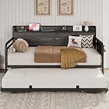 LIKIMIO Twin Daybed, Day Beds with Pop Up Trundle, Storage Headboard with Charging Station, Strong Supports for Apartment and Other Small Space, Charcoal Grey