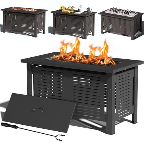 YODOLLA Holzbrennender Feuertisch, 3-in-1 Gartenfeuerstelle mit Grillrost & Grillzange Feuerschale 108x58x63cm, Metall Feuerkorb für Heizung/BBQ Grill/als Tisch für Gartenpartys verwenden, Schwarz