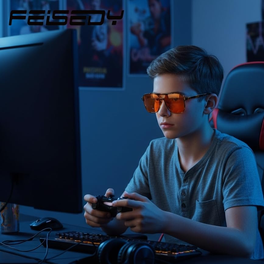 Image of FEISEDY Retro 70s Blue Light Filter Glasses 99.99% Blue Light Blocking Gaming Glasses Computer Glasses for Men Women Amber Tinted G2835