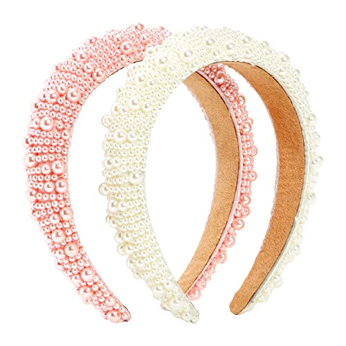 Glamlily Crystal Headbands - All-Day Comfort Hair Accessories - Glam Crystal & Pearl Headband - Versatile Styling Fashion Accessories - Pack of 2, Light Pink & Off-White