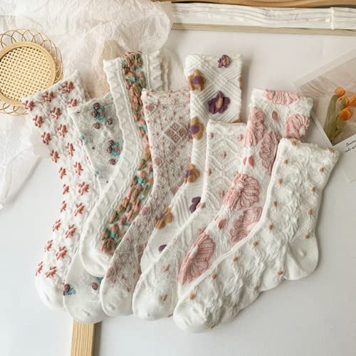 Image of 8 Pairs Cute Flower White Socks Women's Mid-tube Spring and Summer Thin Stockings (8 Pairs Combo)