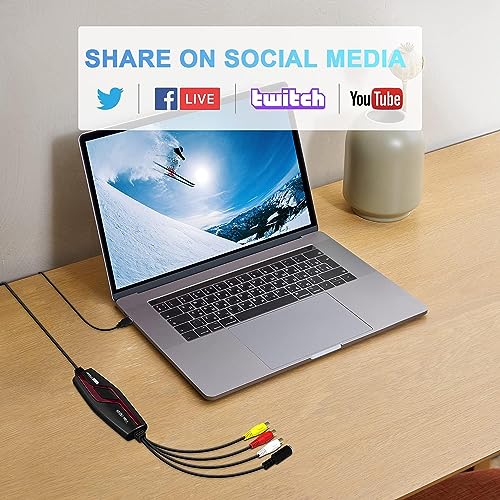 Video Capture Card USB 2.0, RCA to USB Video Capture Device, Digital Video Converter to Save Digital Files for Your Mac OS X Windows 7 8 10 PC, One Touch VCR TV to DVD