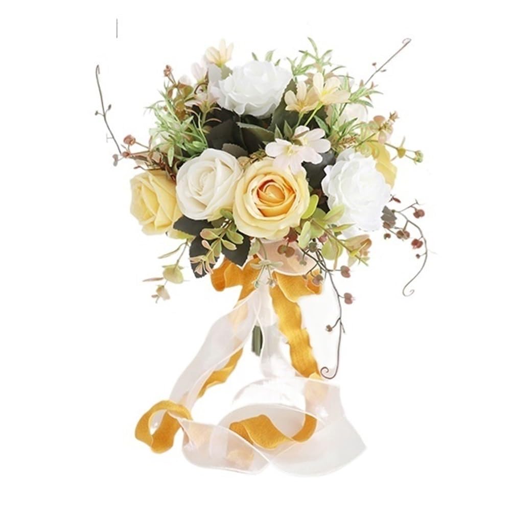 HUFFA Artificial Rose Wedding Bouquet - Handheld Floral Arrangement for Brides and Home Decoration(yellow)
