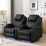 AHMED Power Recliner Chair, Home Theater Seating with LED Ambient Lighting, PU Leather Lazy Sofa Heat Massage Chair with Cup Holders/Side Pockets/USB Ports for Living Room(Set of 2, Black)