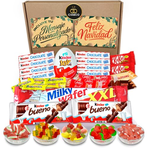 Lote de Regalo +28 Chocolates y Huevo KINDER Sorpresa Joy, Kinder Bueno y +400g de Chuches Sin Gluten · Un Regalo Increible para Día de la Madre · Con Tarjeta y Texto Personalizada