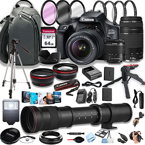Canon Eos 4000D (Rebel T100) Dslr Camera W/Ef-S 18-55Mm F/3.5-5.6 Zoom Lens + 75-300Mm F/4-5.6 Iii Lens + 420-800Mm Super Telephoto Lens + 64Gb Memory Cards, Professional Photo Bundle (44Pc Bundle) #TOP27