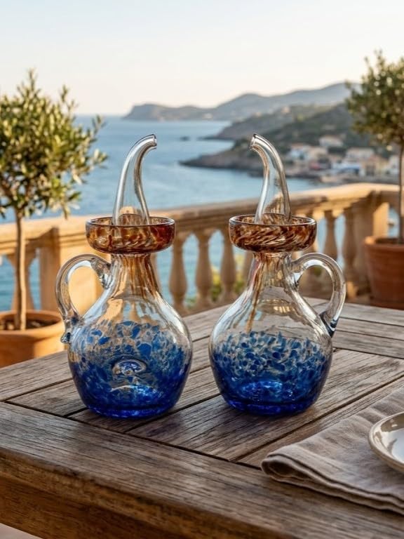 Aceitera Antigoteo Mallorquina Terra Decorada 300ml de Vidrio Artesanal Reciclado – Soplada a Mano por Maestros Vidrieros – Botella Decorada para Aceite sin Derrames