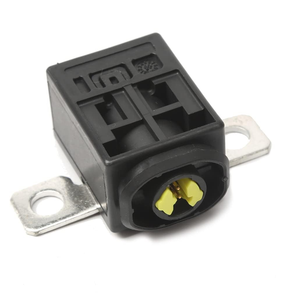 Angled view of the PSS-1 Battery Disconnect Fuse Box, showing the black plastic body, metal terminals, and a yellow 2-pin connector port on one end.