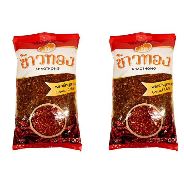 ( Pack of 2 ) Khaothong Thai Ground Chili Pepper, Crushed Thai hot chili , Ground red chili, Hot chili flakes 100g (3.52oz) each