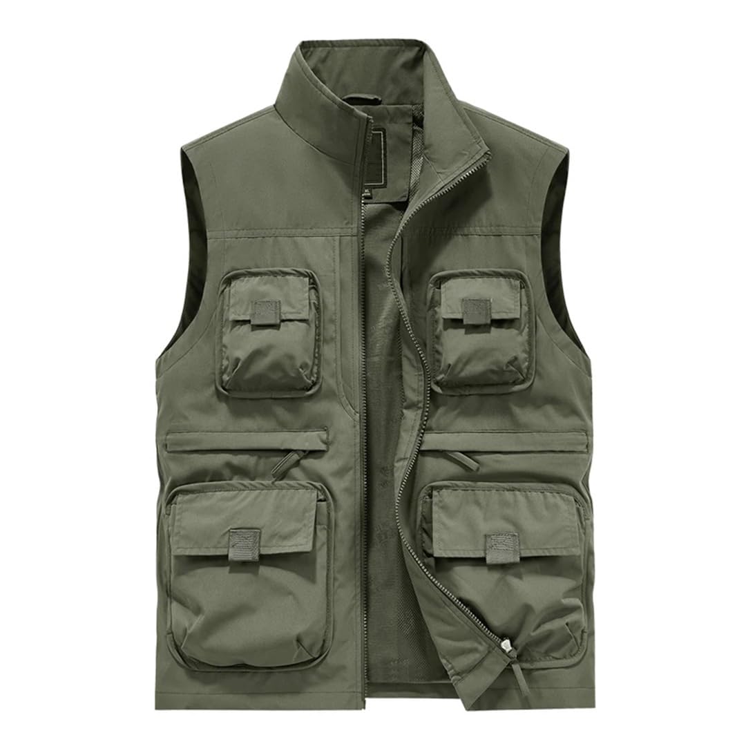 Gilet da uomo senza maniche per il tempo libero all'aperto con colletto in piedi molte tasche tinta unita sottile gilet